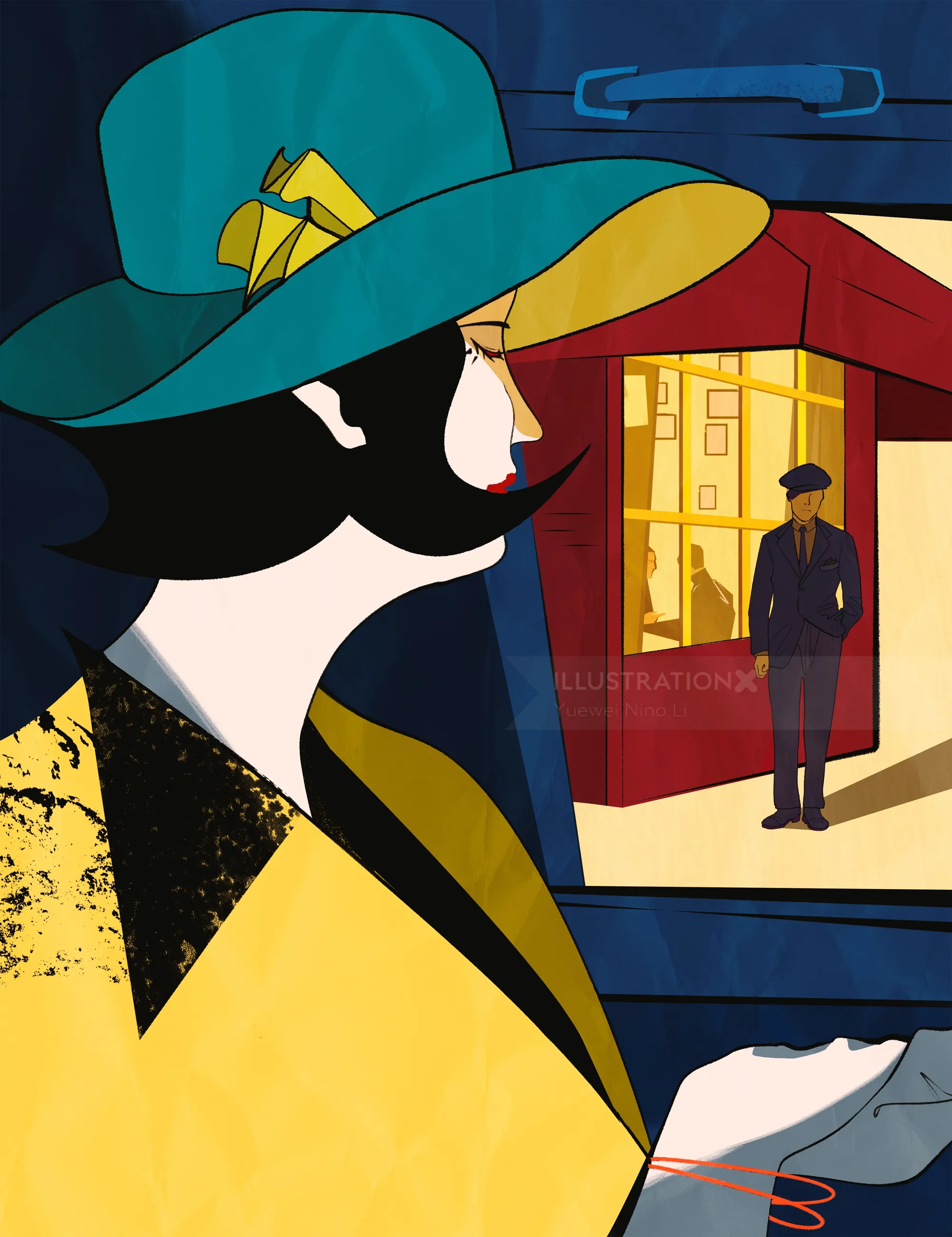 Illustration of woman in yellow hat looking at man outside Paris café
