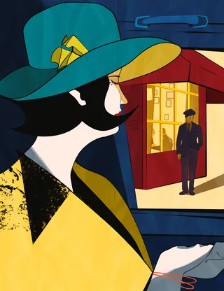 Illustration of woman in yellow hat looking at man outside Paris café