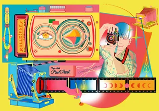 Colorful dreamlike print studio with camera and film elements