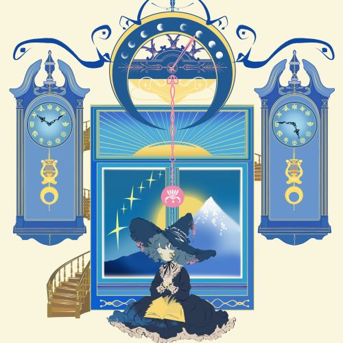 Whimsical night scene with a little witch, clocks, and moonlight