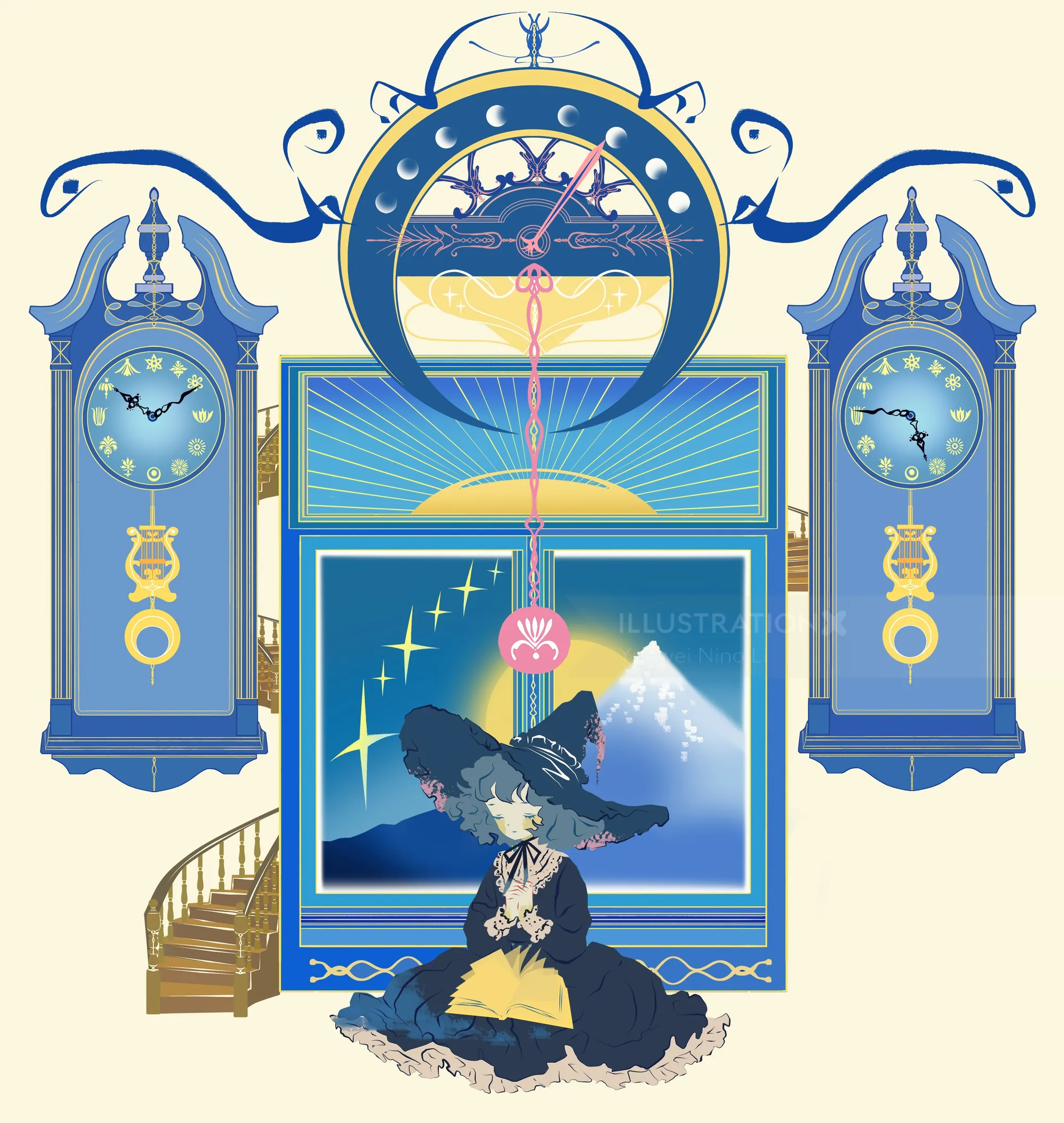 Whimsical night scene with a little witch, clocks, and moonlight