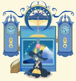 Whimsical night scene with a little witch, clocks, and moonlight