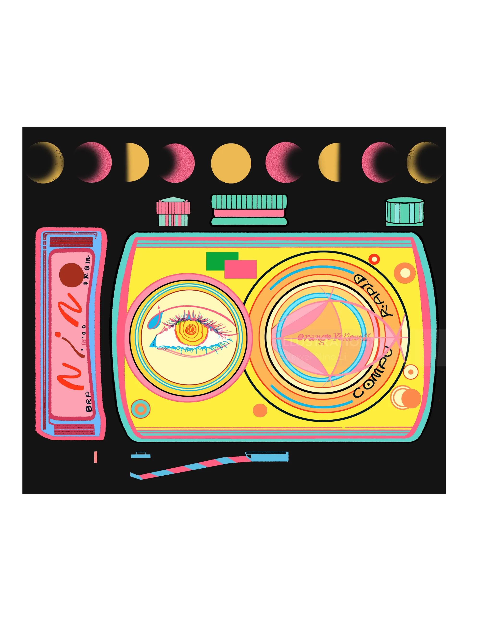 Colorful illustration of a camera with moon phases above