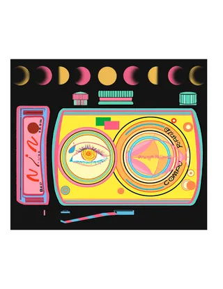 Colorful illustration of a camera with moon phases above