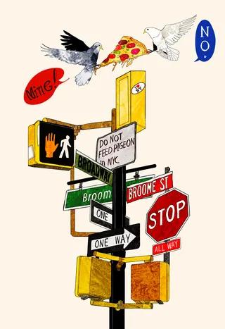 New York street signs with pigeons and pizza slice illustration