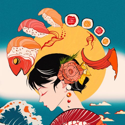 Japanese woman with sushi and seafood kimono design