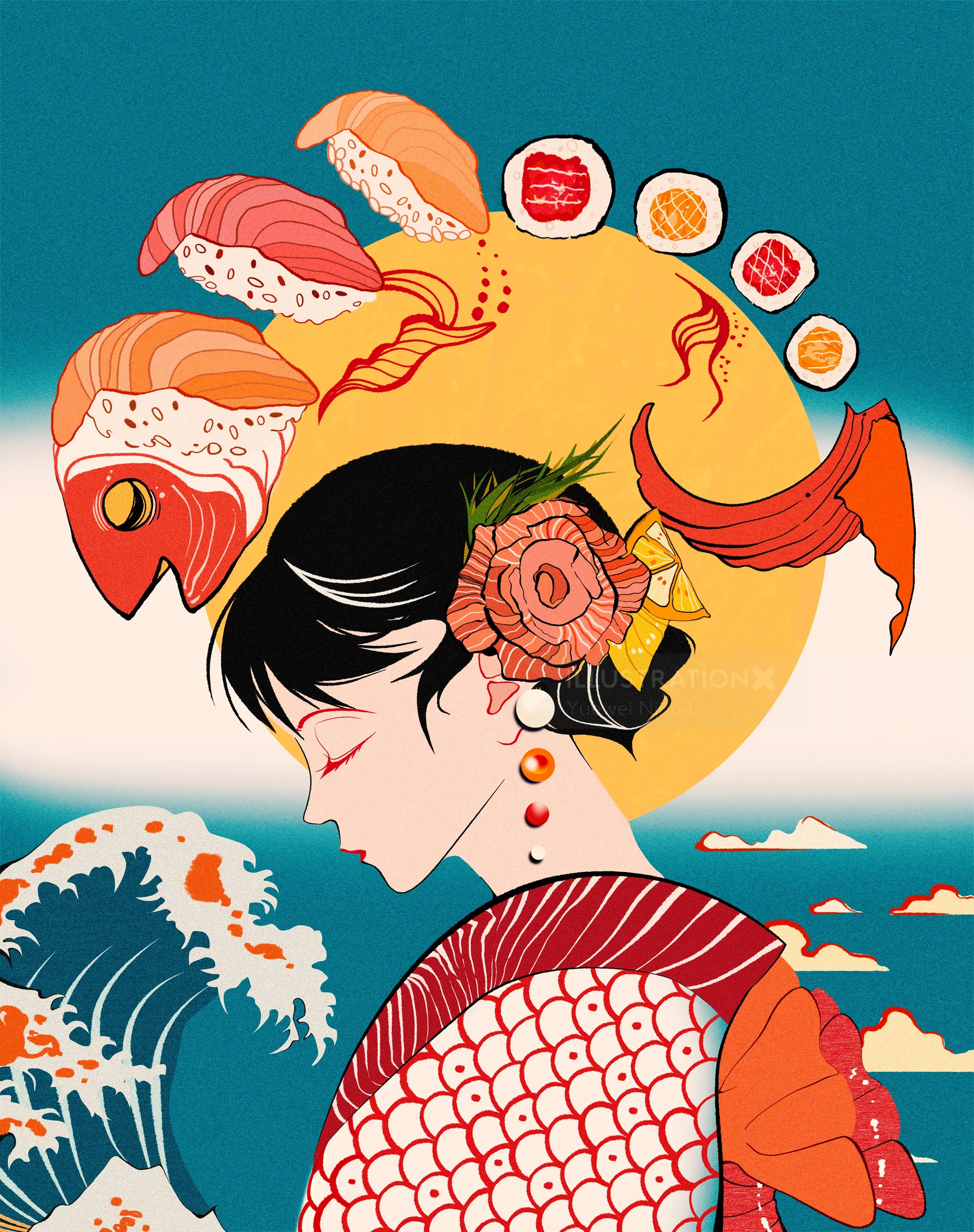 Japanese woman with sushi and seafood kimono design