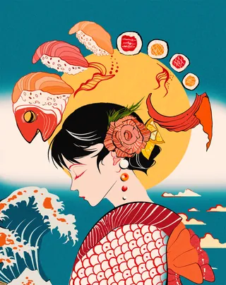 Japanese woman with sushi and seafood kimono design