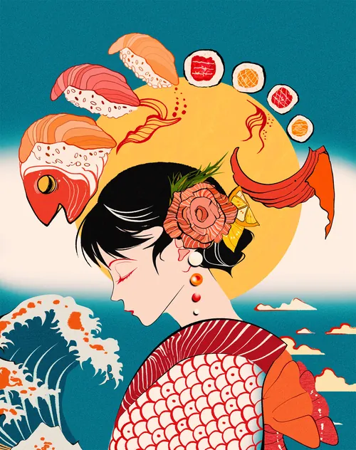 Japanese woman with sushi and seafood kimono design