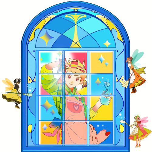 Fairy tale sprites cleaning a colorful window with sparkles