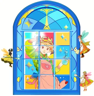 Fairy tale sprites cleaning a colorful window with sparkles