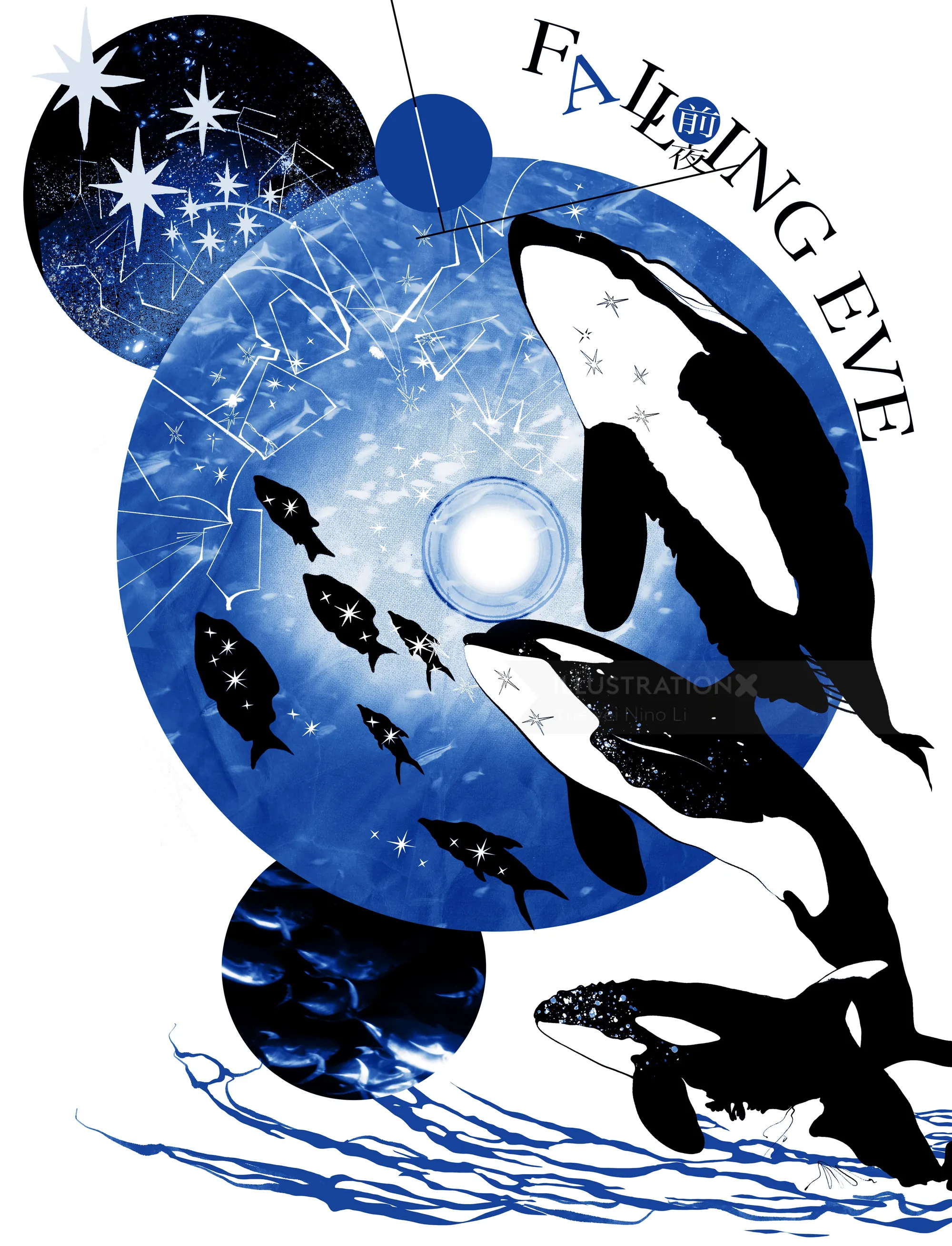 Artistic orcas swimming underwater with stars and glowing blue orb