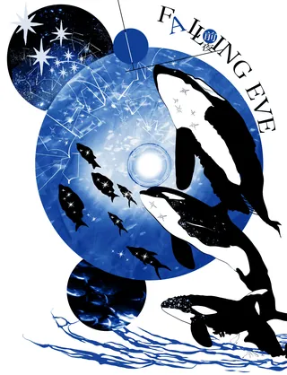 Artistic orcas swimming underwater with stars and glowing blue orb