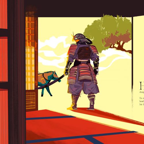 Samurai in armor by tatami door with bay and tree outside by Yuewei Nino Li
