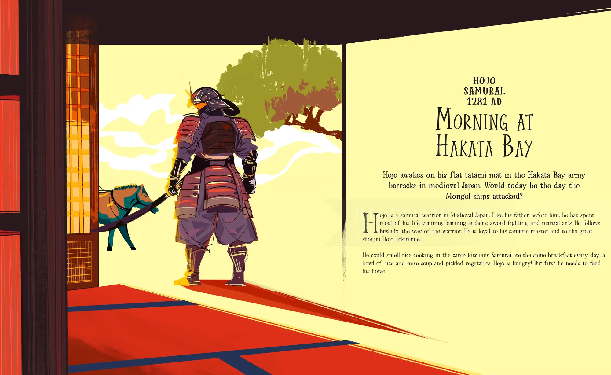 Samurai in armor by tatami door with bay and tree outside by Yuewei Nino Li