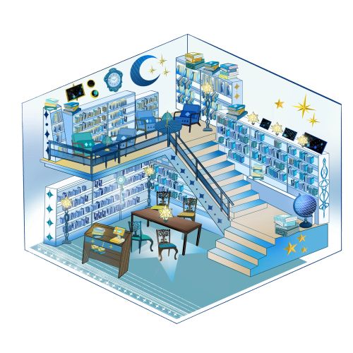 Isometric fantasy library interior with celestial decor and books by Yuewei Nino Li