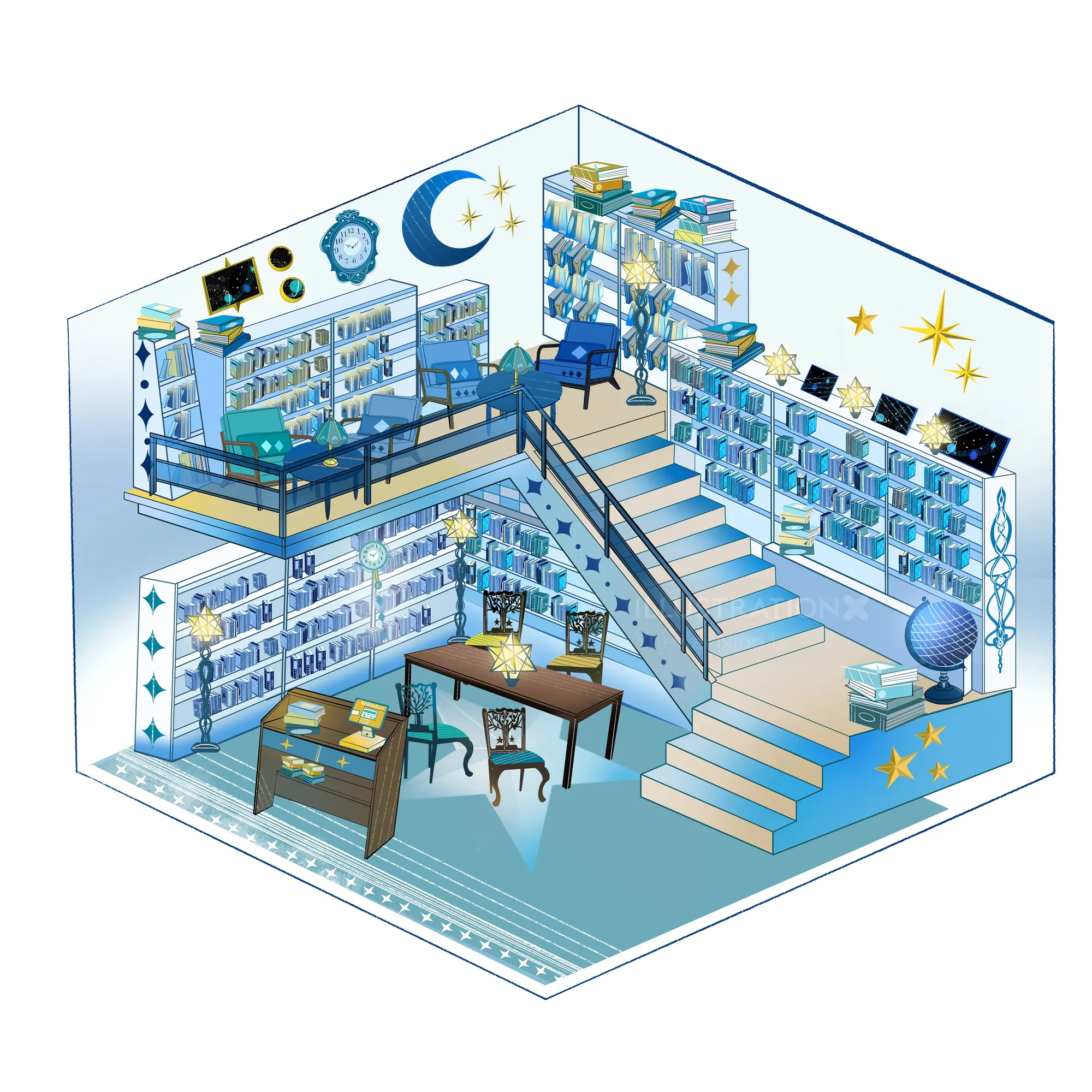 Isometric fantasy library interior with celestial decor and books by Yuewei Nino Li