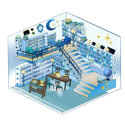 Isometric fantasy library interior with celestial decor and books by Yuewei Nino Li