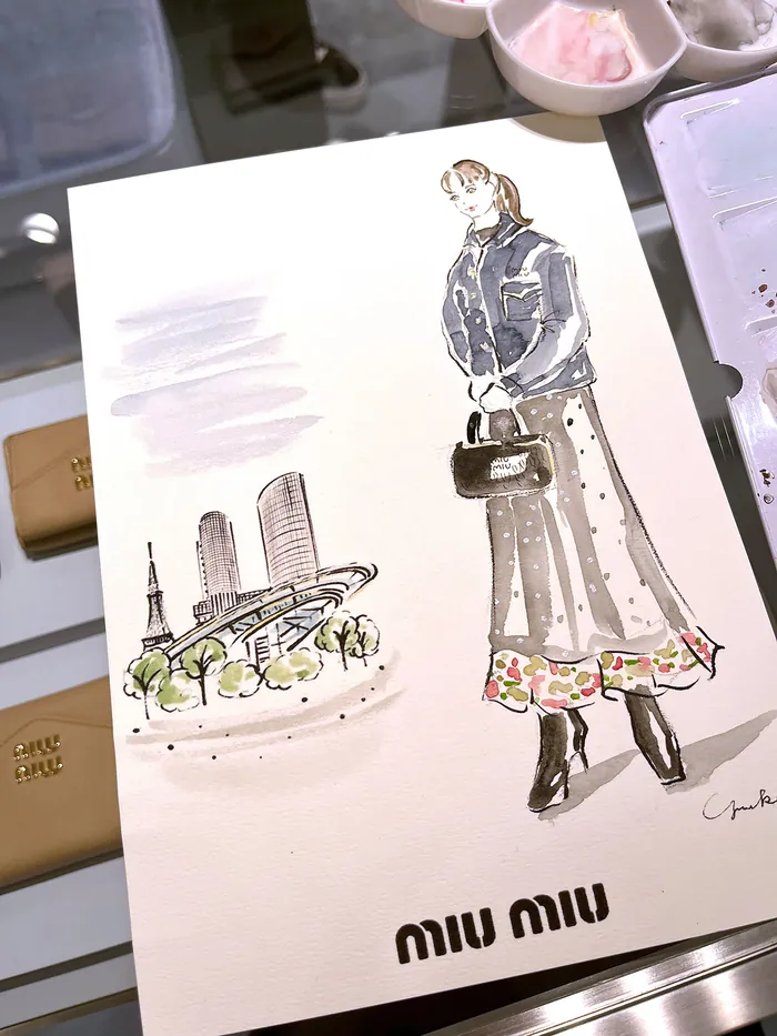 Fashion illustration of a woman in a floral skirt and jacket with cityscape
