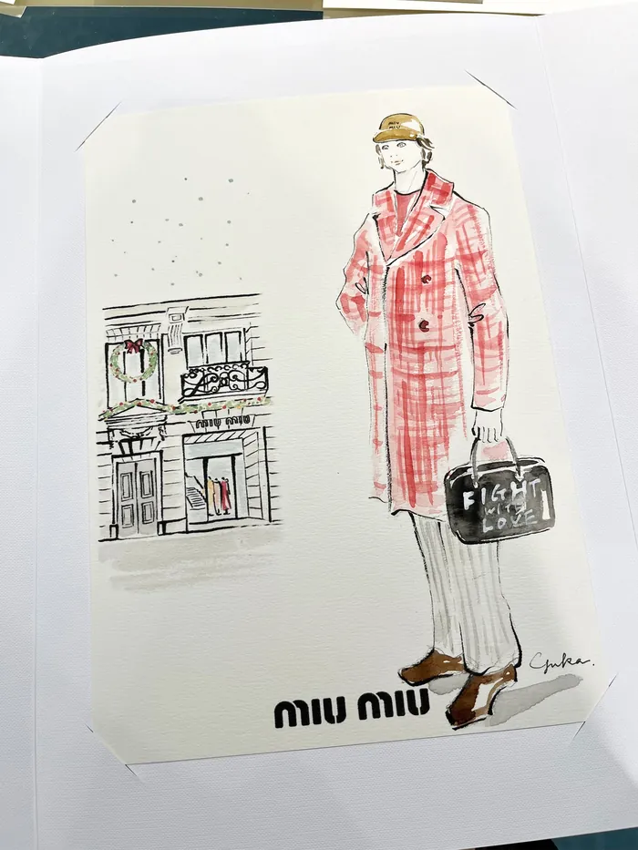 Fashion illustration of person in plaid coat holding a bag