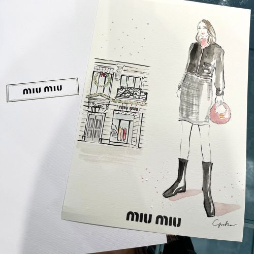 Fashion illustration of woman with plaid skirt and boots holding handbag