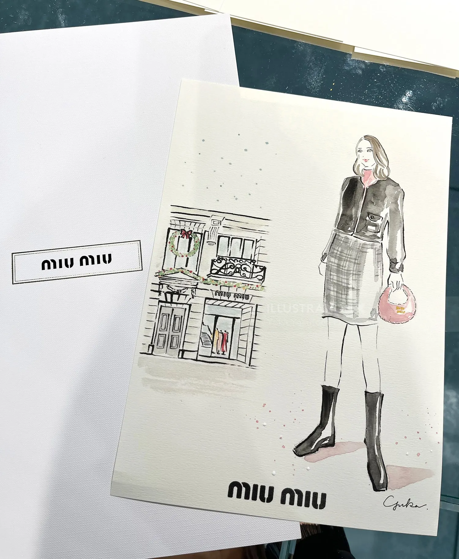 Fashion illustration of woman with plaid skirt and boots holding handbag