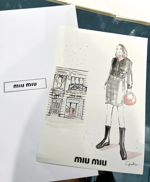 Fashion illustration of woman with plaid skirt and boots holding handbag