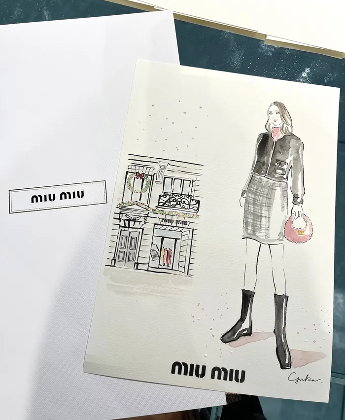 Fashion illustration of woman with plaid skirt and boots holding handbag