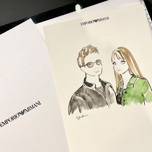 Illustration of a man and woman at Armani live event