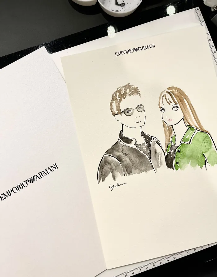 Illustration of a man and woman at Armani live event