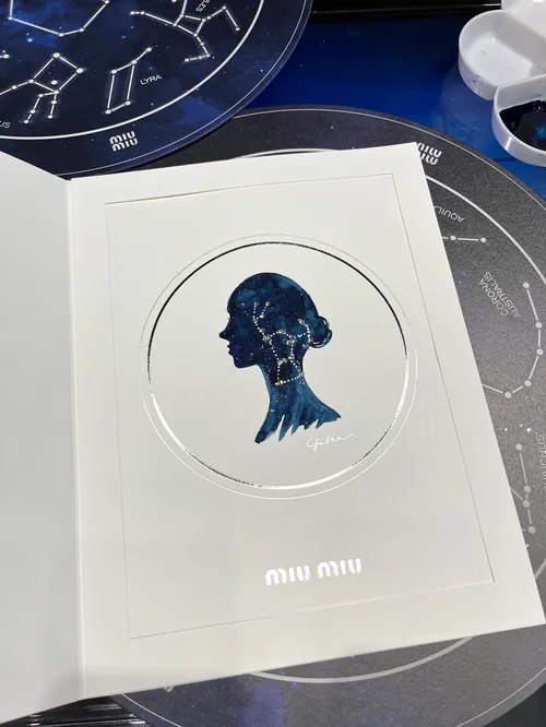 Miu Miu event card with silhouette art and constellation background