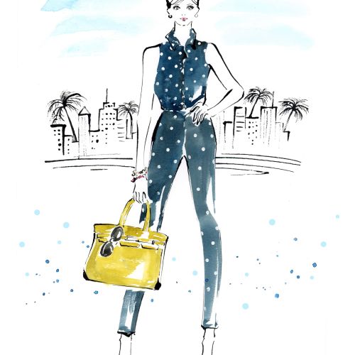 Fashion illustration of woman in polka dot outfit holding yellow handbag