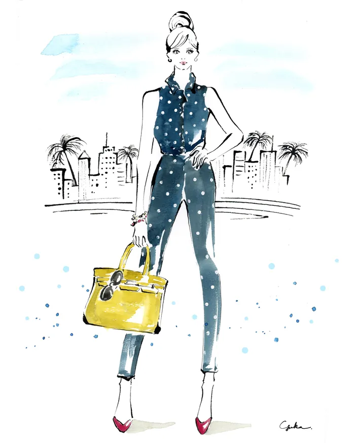 Fashion illustration of woman in polka dot outfit holding yellow handbag
