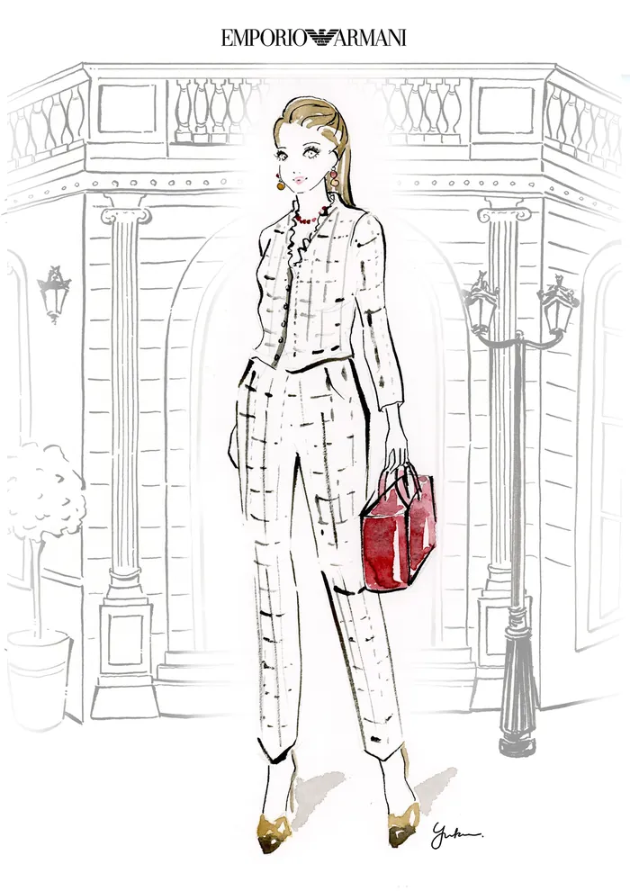 Fashion illustration of woman in patterned suit holding red handbag