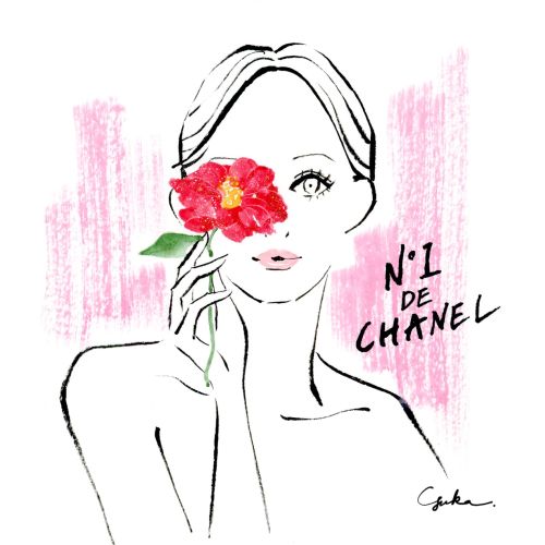 Sketch of woman holding red flower over one eye with pink background