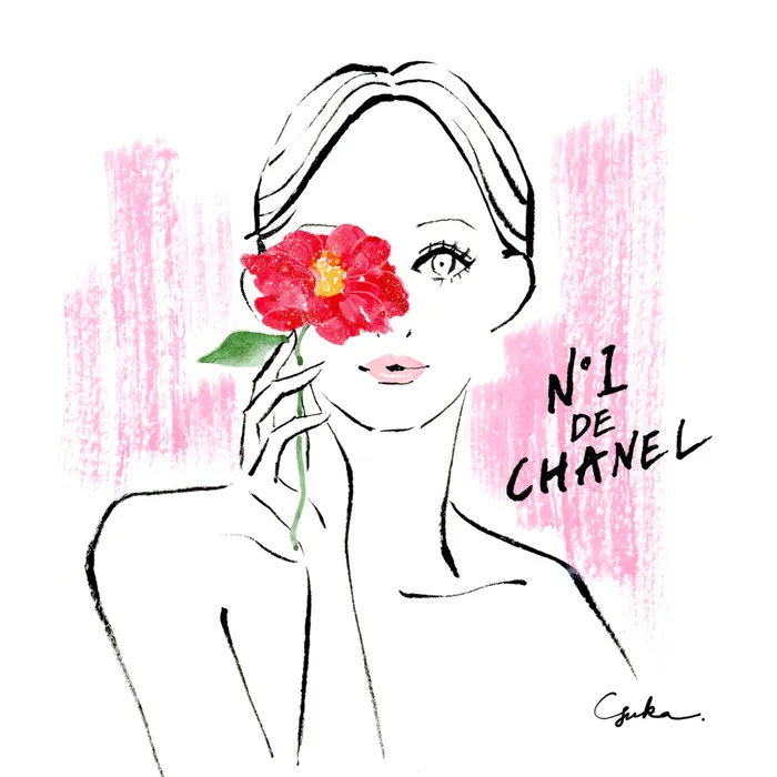 Sketch of woman holding red flower over one eye with pink background