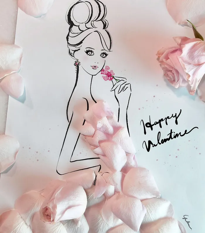 Fashion portrait of woman with pink flower petals as dress