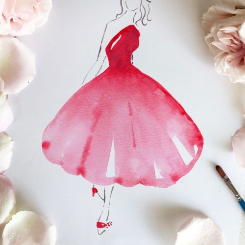 Fashion illustration of woman in flowing red dress with flower accents