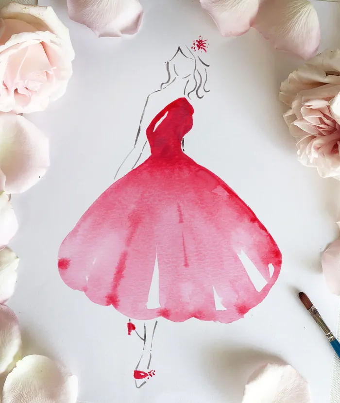 Fashion illustration of woman in flowing red dress with flower accents