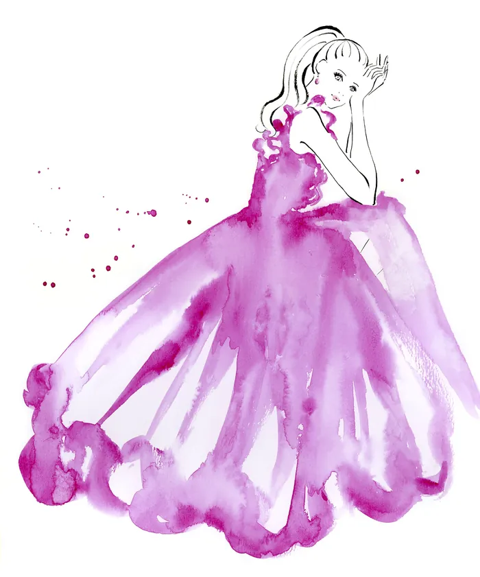 Watercolor fashion illustration of woman in flowing purple dress