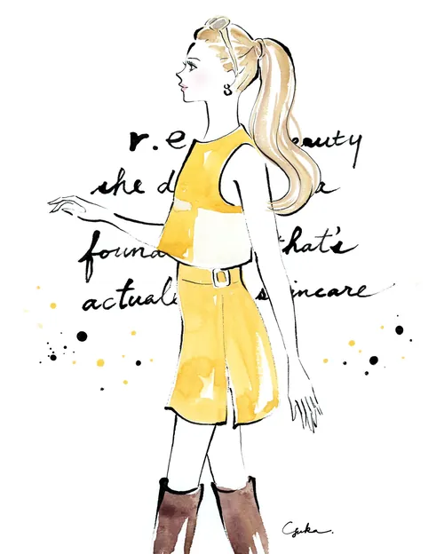 Fashion illustration of a woman in a yellow dress and brown boots