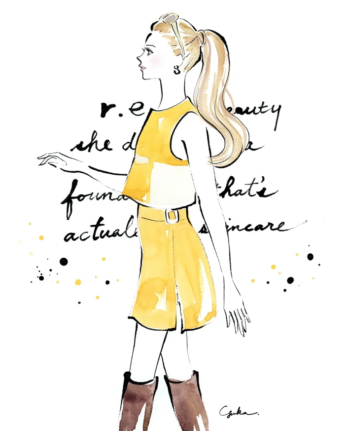 Fashion illustration of a woman in a yellow dress and brown boots