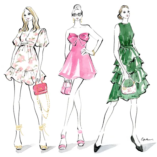 Fashion illustration of three women in stylish dresses
