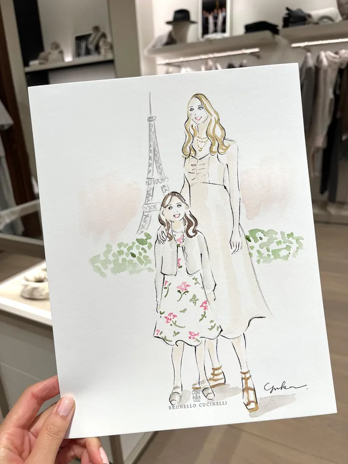 Fashion illustration of woman and girl with Eiffel Tower background