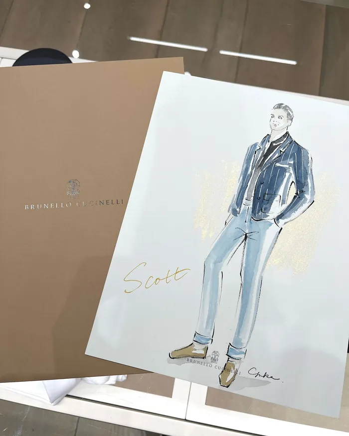 Fashion illustration of a man in casual outfit with blazer and jeans