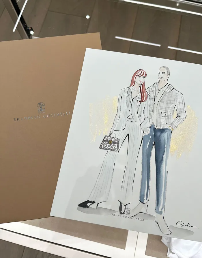 Fashion illustration of man and woman in stylish outfits