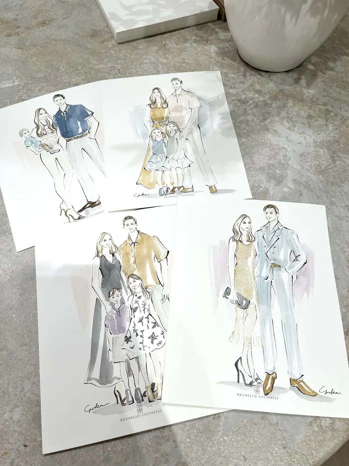 Fashion sketches of stylish models in various outfits on paper