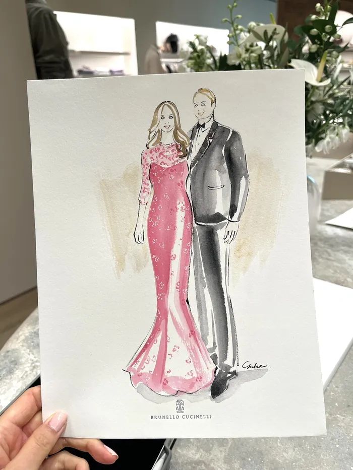 Watercolor fashion illustration of a couple in formal attire
