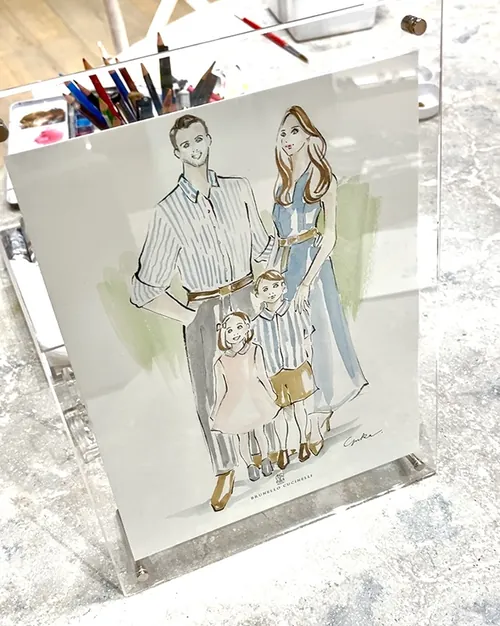Fashion illustration of a family with two children in stylish clothing