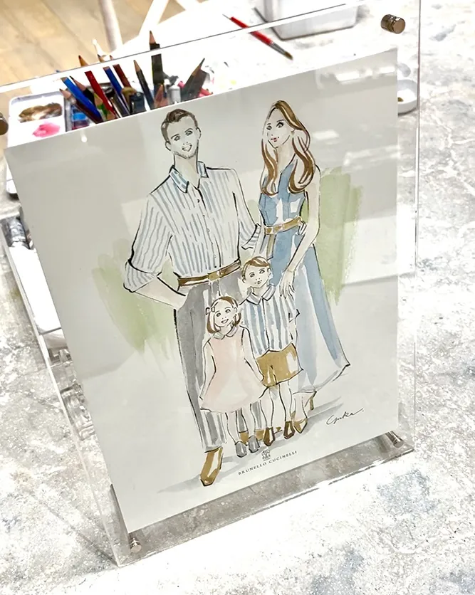 Fashion illustration of a family with two children in stylish clothing